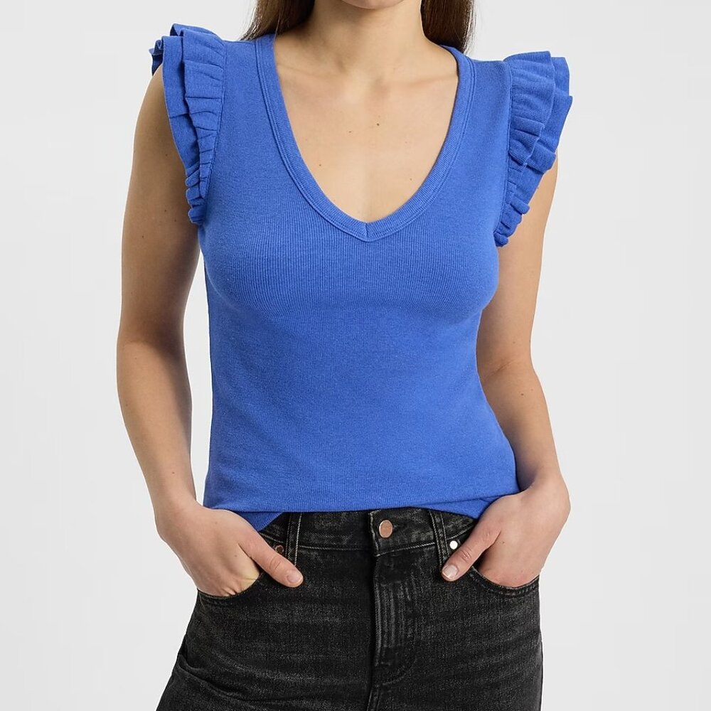 Express Blue XL Ribbed V-Neck Flutter Sleeve Tee